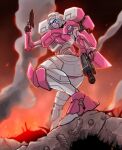  1girl absurdres arcee autobot backpack bag blue_eyes breasts dual_wielding glowing glowing_eyes gun handgun highres holding mecha mecha_musume medium_breasts nasutetsu panties pink_lips pink_panties robot thick_thighs thighs transformers underwear weapon 