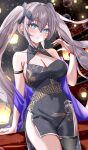  1girl absurdres architecture armband azur_lane bare_shoulders black_dress blue_hair blue_shawl blush breasts bubble china_dress chinese_clothes cleavage_cutout clothing_cutout covered_navel dress earrings east_asian_architecture from_side grey_hair hair_between_eyes hair_ornament highres intrepid_(azur_lane) jewelry lantern looking_at_viewer parted_lips patterned_clothing shawl sideboob thighs twintails vayneeeee 