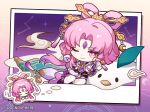 1girl arm_support bird bow-shaped_hair chibi chibi_inset chinese_clothes closed_eyes closed_mouth copyright_name forehead_jewel fu_xuan_(honkai:_star_rail) honkai:_star_rail honkai_(series) long_hair looking_at_viewer official_art one_eye_closed parted_bangs pink_eyes pink_hair solo 