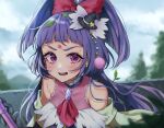  1girl ascot black_headwear blue_sky blurry blurry_background brooch broom commentary cure_magical day depth_of_field dirty dirty_face dress hat highres izayoi_liko jewelry jikai_ing leaf leaf_on_head long_hair looking_at_viewer magical_girl mahou_girls_precure! mini_hat mini_witch_hat outdoors pink_dress pink_eyes precure purple_hair red_ascot sky sleeveless sleeveless_dress solo sweatdrop tilted_headwear wind witch_hat 