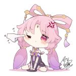  1girl anger_vein bare_shoulders beni_shake blush cheek_poking chibi disembodied_limb fu_xuan_(honkai:_star_rail) hair_ornament honkai:_star_rail honkai_(series) long_hair one_eye_closed pink_hair poking sitting solo twintails violet_eyes wariza 