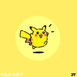 :d black_eyes bright_pupils commentary full_body highres james_turner no_humans notice_lines open_mouth pikachu pokemon pokemon_(creature) signature smile solo white_pupils yellow_background 
