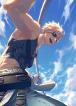  1boy belt black_shirt blonde_hair blue_sky clouds cloudy_sky cross english_text eyepatch flagpole guilty_gear guilty_gear_strive highres holding holding_pole looking_at_viewer male_focus muscular muscular_male open_mouth pants pole shaded_face shirt short_hair sin_kiske sky solo sunlight talgi 