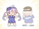  1boy 1girl ahoge blue_hair blue_headband blue_shirt blue_shorts braid buck_teeth censored character_request chibi colored_inner_hair commentary_request drill_hair emphasis_lines headband hololive identity_censor matarou_(matarou072) minato_aqua multicolored_hair one_eye_closed osomatsu-kun pink_hair shirt shorts smile streaked_hair teeth twin_drills two-tone_hair v violet_eyes virtual_youtuber 