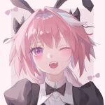  1boy :d animal_ears astolfo_(fate) astolfo_(saber)_(fate) astolfo_(saber)_(third_ascension)_(fate) black_bow black_bowtie black_dress black_hairband black_ribbon blush bow bow_hairband bowtie collared_dress crf dress fake_animal_ears fang fate/grand_order fate_(series) hair_bow hair_intakes hair_ribbon hairband long_hair male_focus multicolored_hair open_mouth otoko_no_ko pink_hair puffy_sleeves rabbit_ears ribbon smile solo split_ponytail streaked_hair traditional_bowtie upper_body violet_eyes white_hair 