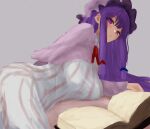  1girl absurdres book closed_mouth commentary_request dress grey_background hat highres looking_at_viewer mob_cap moriforest1040 patchouli_knowledge purple_hair sidelocks simple_background solo striped striped_dress touhou violet_eyes white_dress 