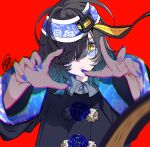  1girl akabuchi_megane bags_under_eyes black_hair black_jacket blue_flower blue_hair blue_hairband blue_nails blue_rose closed_mouth commentary floral_print flower gradient_hair hair_over_one_eye hairband hands_up highres indie_virtual_youtuber jacket jiangshi long_sleeves looking_at_viewer multicolored_hair nail_polish one_eye_covered reaching reaching_towards_viewer red_background rose short_hair signature simple_background solo symbol-only_commentary upper_body virtual_youtuber yellow_eyes yosumi_(vtuber) 