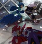  2boys bass_(mega_man) battle blue_eyes clenched_hands commentary_request fangs helmet highres male_focus mega_man_(character) mega_man_(classic) mega_man_(series) multiple_boys non-humanoid_robot red_eyes robot robot_animal rush_(mega_man) sharp_teeth teeth treble_(mega_man) yuriyuri_(ccc) 