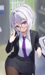  1girl absurdres adjusting_eyewear black_jacket black_skirt blurry blurry_background closed_mouth collared_shirt commentary glasses head_tilt highres ine_(vtuber) jacket long_hair long_sleeves looking_at_viewer necktie office_lady pencil_skirt ponytail purple_necktie rinrasetsu round_eyewear shirt sidelocks sitting skirt skirt_suit smile solo suit violet_eyes virtual_youtuber waktaverse white_hair white_shirt 