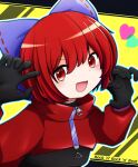  1girl adapted_costume black_bodysuit bodysuit cape catsuit cloak highres long_sleeves open_mouth red_cape red_cloak red_eyes redhead ribbon-trimmed_bow rock_&#039;n&#039;_rock_&#039;n&#039;_beat sekibanki short_hair skin_tight solo tet_rps_hiatr touhou upper_body yellow_background zipper 