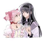  2girls akemi_homura black_hair black_hairband bow bow_choker capelet choker collarbone collared_capelet commentary cropped_torso dress eye_contact frilled_dress frilled_sleeves frills gloves hair_bow hairband hand_up highres kaname_madoka karen_le_cao long_hair looking_at_another magical_girl mahou_shoujo_madoka_magica mahou_shoujo_madoka_magica_(anime) multiple_girls neck_ribbon pink_bow pink_dress pink_gloves pink_hair pinky_out pinky_swear puffy_short_sleeves puffy_sleeves purple_capelet red_bow red_choker red_eyes ribbon short_hair short_sleeves short_twintails simple_background sketch smile twintails upper_body violet_eyes white_background 