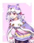  1girl animal_hands badge black_pantyhose cat_paws earrings fate/grand_order fate_(series) fur_hat hair_ribbon hat highres jewelry kama_(dream_portrait)_(fate) kama_(fate) kuma.fishs necklace pantyhose red_eyes ribbon scarf solo sweater white_hair 