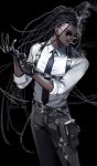  1boy artist_name belt black_background black_belt black_eyes black_gloves black_necktie black_pants chest_harness cigarette collared_shirt dark-skinned_male dark_skin dreadlocks earrings gloves harness highres jewelry koshika_rina long_hair looking_at_viewer male_focus necktie original pants shirt simple_background sleeves_rolled_up smoke solo standing sunglasses white_shirt 