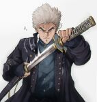  blue_coat blue_eyes closed_mouth coat devil_may_cry_(series) devil_may_cry_5 fingerless_gloves gloves highres holding holding_sword holding_weapon kagurabachi katana male_focus parody short_hair simple_background solo sword vergil_(devil_may_cry) weapon white_background white_hair yamato_(sword) yoracrab 