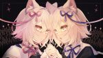  2girls animal_ear_fluff animal_ears black_background black_shirt blonde_hair blue_ribbon cat_ears cat_girl closed_mouth coefont collared_shirt commentary_request dual_persona expressionless face-to-face from_side grey_eyes hair_ribbon half-closed_eyes highres indie_virtual_youtuber looking_at_viewer looking_to_the_side multiple_girls neck_ribbon open_mouth pink_eyes pink_hair pink_ribbon portrait ribbon sayo_(voicevox) sayonaka_(vtuber) shiraume_(hakubaian) shirt short_hair sleeve_cuffs sparkle virtual_youtuber voicevox 
