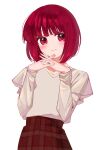  1girl absurdres arima_kana bob_cut highres inverted_bob light_blush looking_to_the_side oshi_no_ko red_eyes red_skirt redhead shirt short_hair simple_background skirt smile solo upper_body white_background white_shirt xiang_yu_pai 