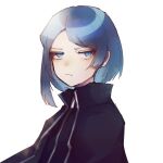  1other annoyed black_coat black_shirt blue_eyes blue_hair coat cut_bangs library_of_ruina looking_at_viewer pale_skin porccu_200g project_moon shirt short_hair sidelocks simple_background the_bookhunter white_background zipper 