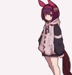  1girl alternate_costume animal_ears blunt_bangs brown_hair closed_mouth feet_out_of_frame hair_ornament hairband hood hood_down hooded_jacket horse_ears horse_girl horse_tail jacket long_sleeves looking_at_viewer nishino_flower_(umamusume) short_hair simple_background solo standing sudzume tail umamusume violet_eyes white_background x_hair_ornament 
