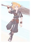  1boy beach black_footwear black_shirt black_shorts blonde_hair blue_eyes blue_sky bracelet brown_gloves closed_mouth cloud_strife commentary_request earrings elbow_pads final_fantasy final_fantasy_vii final_fantasy_vii_ever_crisis fingerless_gloves full_body gloves holding holding_sword holding_weapon huge_weapon jewelry looking_at_viewer nitoya_00630a ocean official_alternate_costume outdoors sailor_collar sand shirt short_hair short_sleeves shorts single_earring single_elbow_pad single_glove sky solo spiky_hair stud_earrings sword weapon 