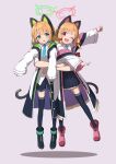  2girls animal_ear_headphones animal_ears blonde_hair blue_archive blue_necktie blue_shorts blue_skirt blue_thighhighs bow carrying carrying_person cat_ear_headphones cat_tail chestnut_mouth collared_shirt commentary dangling disembodied_limb fake_animal_ears green_bow hair_bow halo headphones highres jacket looking_at_viewer mechanical_tail midori_(blue_archive) mogurii momoi_(blue_archive) multiple_girls necktie off_shoulder one_eye_closed open_mouth pink_bow pleated_skirt shirt short_hair short_necktie shorts siblings simple_background sisters skirt sleeves_past_wrists smile tail thigh-highs twins white_jacket white_shirt 