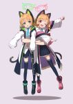  2girls absurdres animal_ear_headphones animal_ears blonde_hair blue_archive blue_necktie blue_shorts blue_skirt blue_thighhighs bow carrying carrying_person cat_ear_headphones cat_tail chestnut_mouth collared_shirt dangling disembodied_limb fake_animal_ears green_bow hair_bow halo headphones highres jacket looking_at_viewer mechanical_tail midori_(blue_archive) mogurii momoi_(blue_archive) multiple_girls necktie off_shoulder one_eye_closed open_mouth pink_bow pleated_skirt shirt short_hair short_necktie shorts siblings simple_background sisters skirt sleeves_past_wrists smile tail thigh-highs twins white_jacket white_shirt 