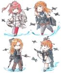  4girls aircraft black_jacket black_necktie black_pantyhose black_skirt blonde_hair blue_necktie breast_pocket brown_hair brown_thighhighs closed_mouth dress flight_deck gun highres holding holding_gun holding_weapon hornet_(kancolle) intrepid_(kancolle) jacket kantai_collection long_sleeves multiple_girls necktie open_mouth pantyhose parted_lips pencil_skirt pocket poipoi_purin ponytail ranger_(kancolle) red_thighhighs redhead rigging saratoga_(kancolle) short_sleeves skirt thigh-highs water weapon 