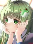  1girl ahoge artist_name birdminori blurry close-up commentary_request depth_of_field dress frog_hair_ornament green_eyes green_hair hair_ornament hands_on_own_face highres kochiya_sanae long_hair nontraditional_miko open_mouth solo touhou white_dress 