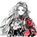  1girl ascot black_jacket cape closed_mouth edelgard_von_hresvelg fire_emblem fire_emblem:_three_houses hair_ribbon highres jacket long_sleeves looking_at_viewer purple_ribbon red_cape remsrar ribbon simple_background smile solo upper_body violet_eyes white_ascot white_background white_hair 