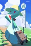  blue_background bus_stop clouds english_text gardevoir hat highres looking_back path pokemon pokemon_(creature) red_eyes rolling_suitcase simple_background smile solo split_mouth suitcase summer sun_hat tsukkon twitter_username waving 