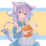  1girl animal_ears apron artist_name basket blue_bow blue_bowtie blue_dress bow bowtie breasts cat_ears cat_girl cat_tail closed_mouth crossed_bangs detached_sleeves dress green_eyes highres holding holding_basket maid_apron maid_headdress maimai_(game) otarc purple_hair salt_(maimai) short_hair smile solo tail upper_body white_apron 
