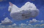  animal_focus blue_sky cat cat_loaf closed_eyes clouds cloudy_sky day english_commentary faux_traditional_media from_below giant highres impasto no_humans original painterly photo-referenced rythayze sky smile white_cat white_fur 
