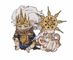  2boys :3 animal armor breastplate brothers brown_scarf chibi crown dark_souls_(series) dark_souls_i dark_souls_iii dark_sun_gwyndolin grey_hair hand_on_own_knee hand_up helmet highres knee_up long_hair long_sleeves male_focus multiple_boys nameless_king orange_eyes scarf short_hair siblings simple_background smile snake white_background zunkome 