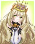  1girl absurdres blonde_hair bow butterfly_hair_ornament celine_(fire_emblem) closed_mouth crown detached_sleeves dress fire_emblem fire_emblem_engage flower green_eyes hair_flower hair_ornament hands_on_own_face highres kousetu0506 long_hair looking_at_viewer orange_bow smile solo upper_body very_long_hair wrist_bow 