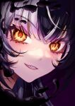  1girl absurdres black_hair darkness eyelashes grey_hair grin highres hololive hololive_english long_hair looking_at_viewer multicolored_hair portrait purple_background shiori_novella smile solo split-color_hair two-tone_hair virtual_youtuber wes_087 yellow_eyes 