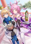 2girls absurdres ahoge bare_shoulders blonde_hair blue_eyes blue_scarf bottle can canned_food chinese_commentary commentary_request feet_out_of_frame food fu_xuan_(honkai:_star_rail) hair_ornament hair_stick highres holding holding_bottle holding_food honkai:_star_rail honkai_(series) long_hair looking_at_viewer lynx_landau multiple_girls pdxen pink_hair reaching reaching_towards_viewer scarf short_hair standing twintails very_long_hair yellow_eyes