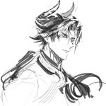  1boy absurdres arknights chong_yue_(arknights) closed_mouth greyscale highres horns long_hair looking_to_the_side low_ponytail male_focus monochrome parted_bangs pointy_ears remsrar simple_background solo upper_body very_long_hair 