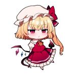  1girl absurdres ascot blonde_hair blush chibi collared_shirt crystal flandre_scarlet frilled_shirt_collar frilled_skirt frills full_body hat highres laevatein_(touhou) long_hair mob_cap one_side_up orange_ascot puffy_short_sleeves puffy_sleeves red_eyes red_footwear red_skirt red_vest shirt shoes short_sleeves simple_background skirt slit_pupils socks solo touhou vest white_background white_headwear white_shirt white_socks wings you_(noanoamoemoe) 