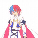  1boy alear_(fire_emblem) alear_(male)_(fire_emblem) belt belt_buckle black_belt black_gloves blue_eyes blue_hair blush bow buckle cape closed_mouth fire_emblem fire_emblem_engage gloves hair_between_eyes heterochromia highres jacket long_sleeves male_focus multicolored_hair pants red_cape red_eyes redhead sasaki_fumi shirt simple_background smile solo two-tone_hair watermark white_background white_bow white_jacket white_pants white_shirt 