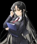  1girl black_background black_hair breasts commentary_request hair_between_eyes long_hair long_sleeves looking_at_viewer medium_breasts necktie original simple_background solo tatsuma_daisuke very_long_hair yellow_eyes 