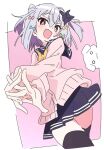  1girl :d black_skirt black_thighhighs bow brown_eyes cardigan commentary_request copyright_request grey_hair hair_bow ixy looking_at_viewer open_mouth pink_background pink_cardigan short_hair skirt smile solo thigh-highs thighs two-tone_background white_background zettai_ryouiki 