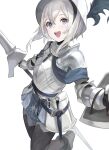  1girl armor boots breastplate dagger grey_eyes helmet highres holding holding_polearm holding_weapon km_yama knife lance original polearm shield shoulder_armor simple_background skirt solo weapon white_background white_hair 
