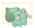  animal_focus bright_pupils bulbasaur claws closed_mouth flower flower_in_mouth mouth_hold nostrils nyaasu_nekoban pokemon pokemon_(creature) red_eyes smile solo twitter_username white_background white_flower white_pupils 