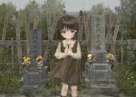  1girl absurdres brown_eyes brown_hair dress flower highres looking_at_viewer namuta original outdoors own_hands_together solo standing tagme tombstone translation_request 