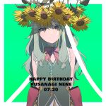  1girl arms_behind_back bare_arms bare_shoulders bow bowtie buttons character_name closed_mouth commentary dated flower grey_hair happy_birthday highres kusanagi_nene leaf long_hair looking_at_viewer low_tied_sidelocks outside_border pink_bow pink_bowtie project_sekai sleeveless smile solo sunflower teacrown violet_eyes 