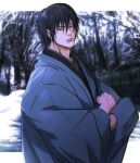  1boy adrienwithane_(ap00c) bare_tree black_hair fushiguro_touji hair_between_eyes hands_in_opposite_sleeves head_tilt japanese_clothes jujutsu_kaisen kimono looking_at_viewer male_focus official_alternate_costume scar scar_on_face scar_on_mouth short_hair snow tree upper_body 