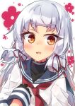  1girl beritabo black_gloves blue_sailor_collar blush breasts gloves grey_hair hair_ribbon highres kantai_collection long_hair murakumo_(kancolle) neckerchief open_mouth orange_eyes red_neckerchief red_ribbon ribbon sailor_collar short_sleeves small_breasts solo tress_ribbon upper_body 