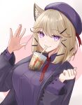  1girl absurdres animal_ear_fluff animal_ears arknights beret breasts bubble_tea_challenge cat_ears drink drinking drinking_straw drinking_straw_in_mouth hat highres jacket large_breasts layered_sleeves light_brown_hair looking_at_viewer no_eyewear purple_headwear purple_jacket purple_shirt runyo_(yale12312) shirt solo utage_(arknights) utage_(disguise)_(arknights) variant_set violet_eyes 