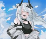  1girl arknights black_collar black_tank_top blue_sky blush closed_eyes clouds collar commentary demon_girl demon_horns english_commentary facing_viewer grey_hair grey_jumpsuit highres horns infection_monitor_(arknights) jumpsuit long_hair mudrock_(arknights) mudrock_(elite_ii)_(arknights) open_jumpsuit open_mouth oripathy_lesion_(arknights) outdoors pointy_ears sketch sky smile solo tank_top teeth upper_body upper_teeth_only yazu_(zoddiacz) 