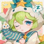  1girl absurdres artist_name blue_hair blush furrowed_brow green_hair hair_between_eyes heart highres holding holding_pillow hood hoodie league_of_legends looking_at_viewer lulu_(league_of_legends) neckerchief one_eye_closed open_mouth pajama_guardian_lulu pillow ruan_chen_yue saliva solo star_guardian_(league_of_legends) star_guardian_lulu star_guardian_pet teardrop thought_bubble upper_body yawning yordle zzz 