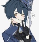  1boy ascot asymmetrical_bangs black_ascot black_gloves blue_coat blue_hair blue_headwear blunt_ends coat collared_shirt commentary_request cosplay diagonal_bangs earrings finger_to_mouth frilled_shirt frilled_sleeves frills furina_(genshin_impact) furina_(genshin_impact)_(cosplay) genshin_impact gloves grin hat heart highres hnnoo jewelry long_sleeves looking_at_viewer male_focus shirt short_hair shushing simple_background single_earring smile solo speech_bubble spoken_heart tassel tassel_earrings upper_body white_background xingqiu_(genshin_impact) yellow_eyes 